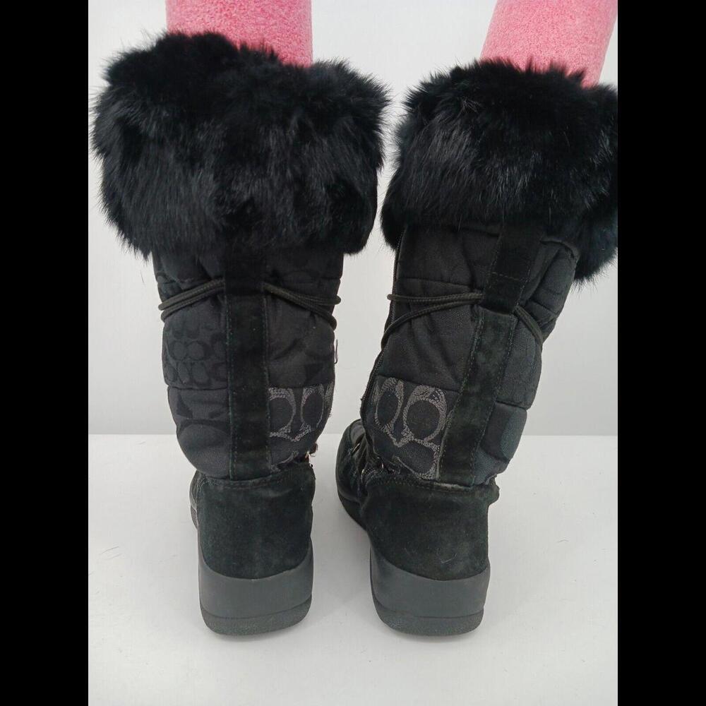 Coach Women Boot 8 Black Snow Boot Lacing Fur Trim Logo Stacked Heel Low - Picture 6 of 11